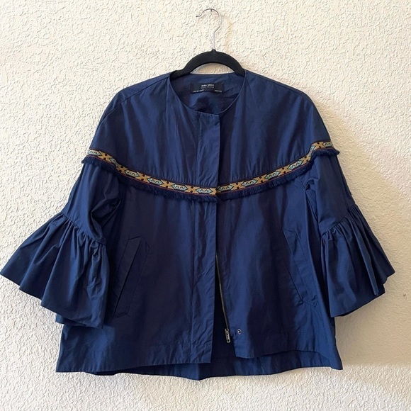 Zara Jacket Embroidered Fringe Aztec Boho Zip Up Casual Western Chic Navy Small - Picture 2 of 12